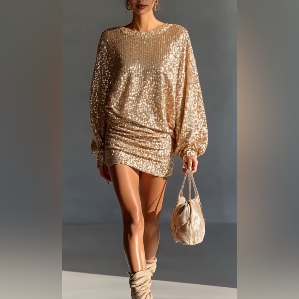 Elegant Gold Sequin Mini Dress by Modesees (D1)